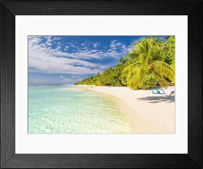 Framed Print : Beautiful beach palm trees, moody sky. Summer vacation travel holiday background concept. Maldives exotic paradise beach. Luxury travel summer holiday Framed Print : Beautiful beach palm trees, moody sky. Summer vacation travel holiday background concept. Maldives exotic paradise beach. Luxury travel summer holiday