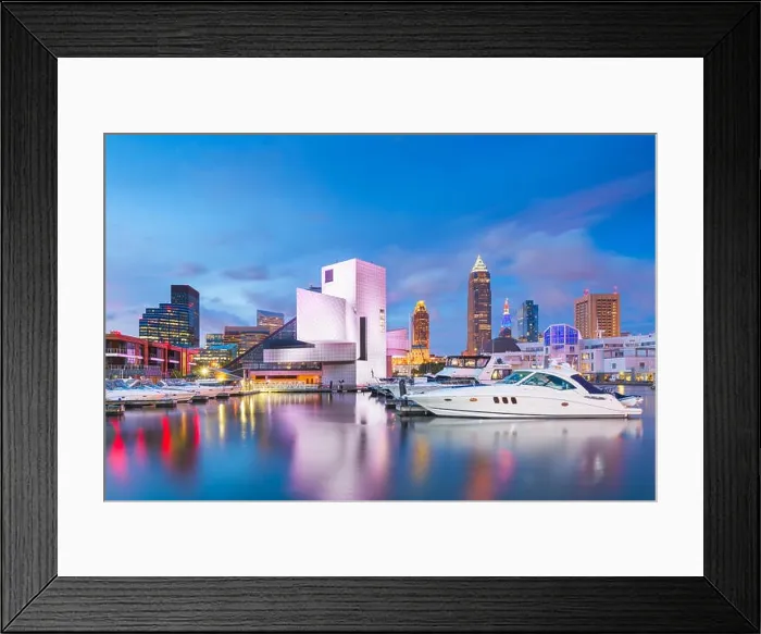 Framed Print : Cleveland, Ohio, USA downtown city skyline and harbor at twilight Framed Print : Cleveland, Ohio, USA downtown city skyline and harbor at twilight