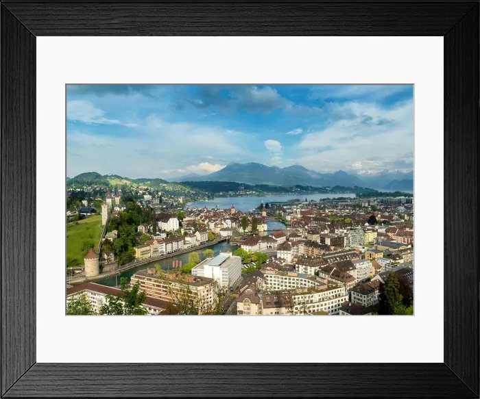 Framed Print : Lucerne, Switzerland. Aerial view of the old town, Lucerne city wall towers, lake Lucerne and Rigi mountain in background Framed Print : Lucerne, Switzerland. Aerial view of the old town, Lucerne city wall towers, lake Lucerne and Rigi mountain in background