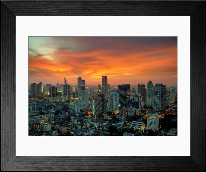 Framed Print : Bangkok view with skyscraper in business district with dramatic sky during sunset in Bangkok Thailand