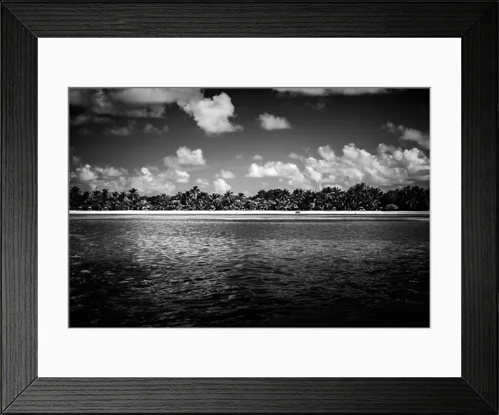 Framed Print : Black and white image of tropical beach. Tropical island landscape, cloudy sky, idyllic exotic landscape. Summer travel vacation Framed Print : Black and white image of tropical beach. Tropical island landscape, cloudy sky, idyllic exotic landscape. Summer travel vacation
