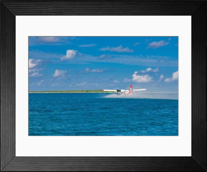 Framed Print : Sea plane at tropical beach resort. Luxury summer travel destination with seaplane in Maldives islands. Exotic vacation or holiday transportation Framed Print : Sea plane at tropical beach resort. Luxury summer travel destination with seaplane in Maldives islands. Exotic vacation or holiday transportation