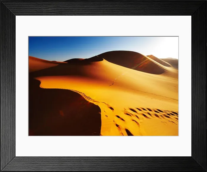 Framed Print : Sand dune with footprints at sunrise, Sahara Desert, Algeria Framed Print : Sand dune with footprints at sunrise, Sahara Desert, Algeria