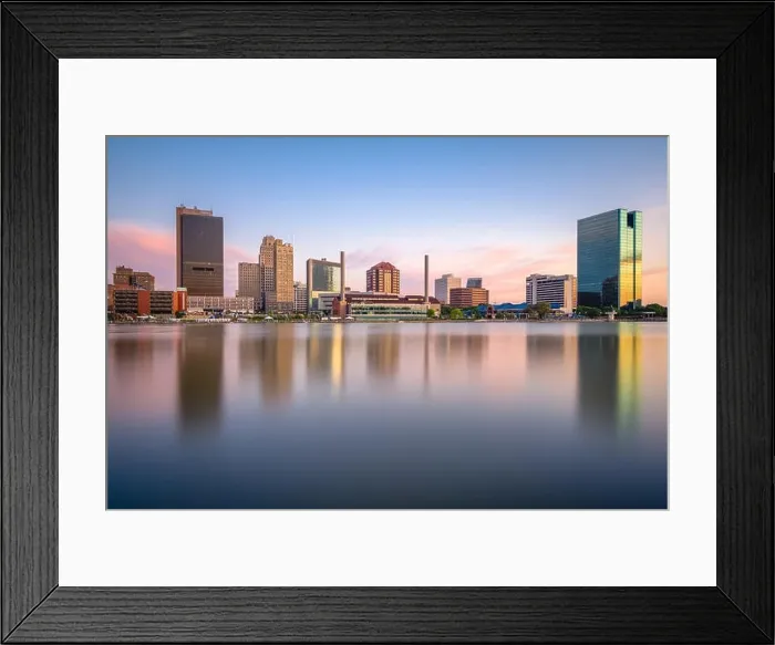 Framed Print : Toledo, Ohio, USA downtown skyline on the Maumee River at dusk