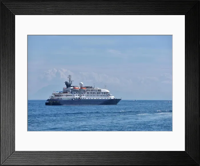 Framed Print : Small cruise ship on sea leaving the shore Framed Print : Small cruise ship on sea leaving the shore