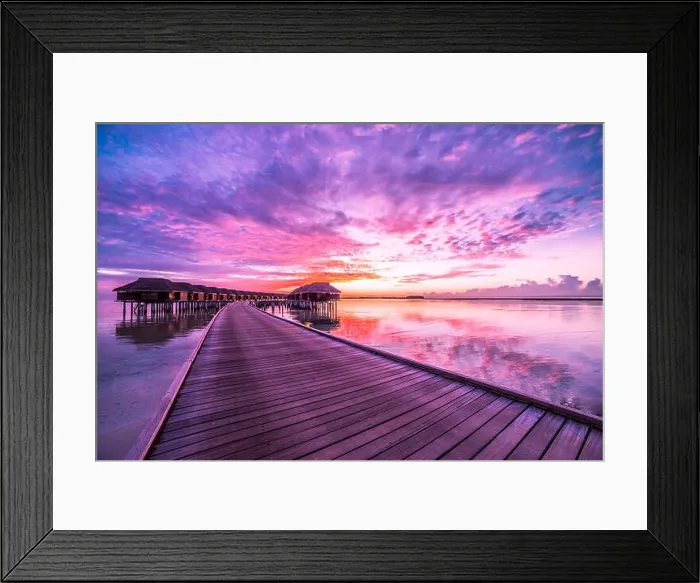 Framed Print : Amazing summer tropical vacation holiday landscape. Luxury travel holiday background concept. Colorful sunset in Maldives Framed Print : Amazing summer tropical vacation holiday landscape. Luxury travel holiday background concept. Colorful sunset in Maldives