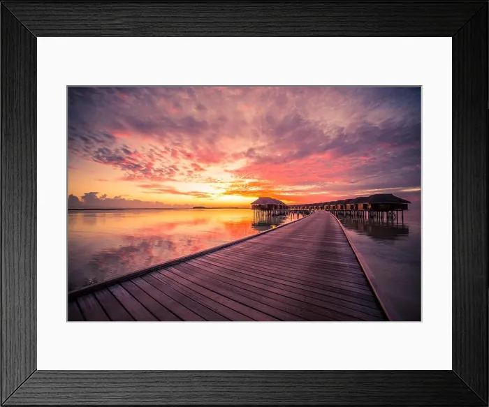 Framed Print : Amazing summer tropical vacation holiday landscape. Luxury travel holiday background concept. Colorful sunset in Maldives Framed Print : Amazing summer tropical vacation holiday landscape. Luxury travel holiday background concept. Colorful sunset in Maldives