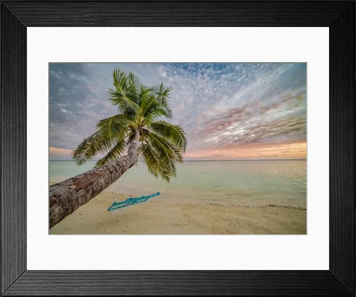 Framed Print : Tranquil summer vacation or holiday landscape. Tropical sunset beach view with palm over calm sea water and swing or hammock. Exotic tranquil nature Framed Print : Tranquil summer vacation or holiday landscape. Tropical sunset beach view with palm over calm sea water and swing or hammock. Exotic tranquil nature