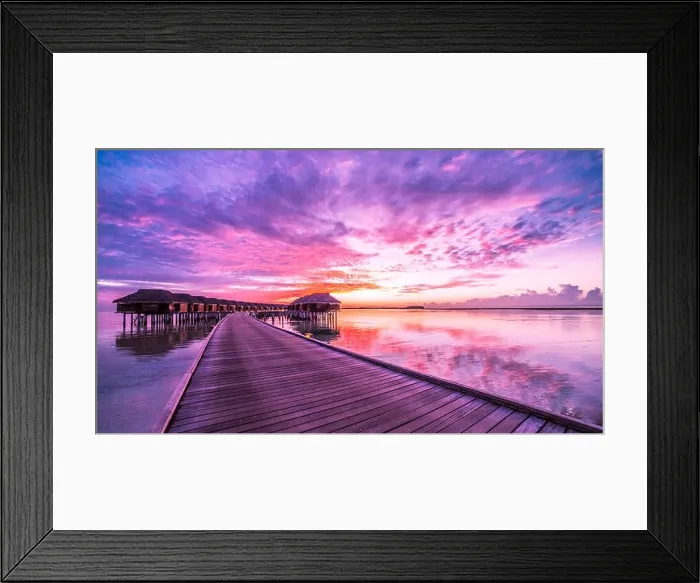 Framed Print : Amazing summer tropical vacation holiday landscape. Luxury travel holiday background concept. Colorful sunset in Maldives Framed Print : Amazing summer tropical vacation holiday landscape. Luxury travel holiday background concept. Colorful sunset in Maldives