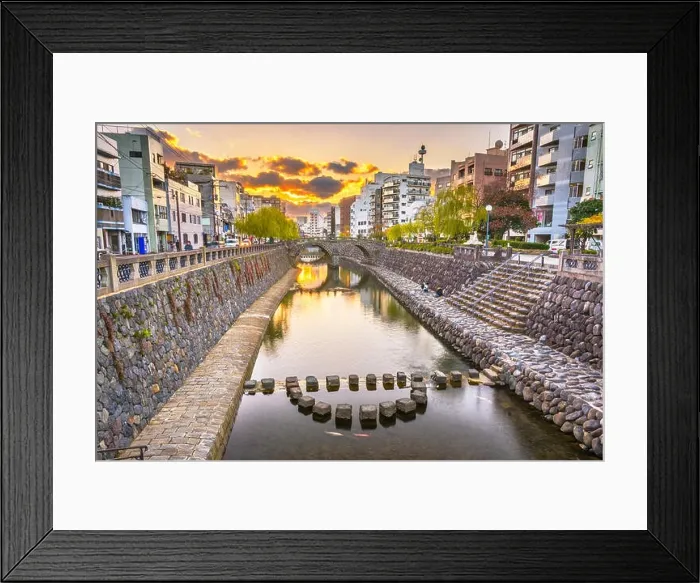 Framed Print : Nagasaki, Japan cityscape with Megane Spectacles Bridge at sunset