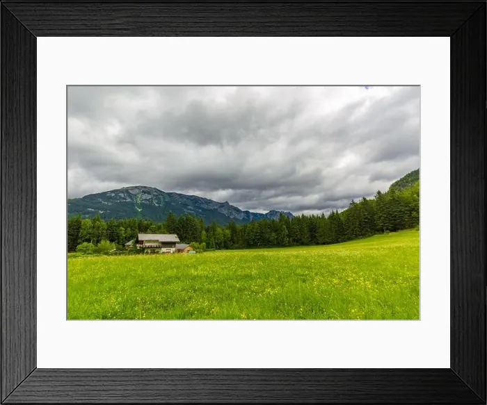 Framed Print : Wooden hut on meadow and high Bavarian alps, Germany Framed Print : Wooden hut on meadow and high Bavarian alps, Germany