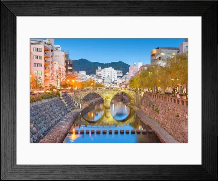 Framed Print : Nagasaki, Japan cityscape with Megane Spectacles Bridge at dusk Framed Print : Nagasaki, Japan cityscape with Megane Spectacles Bridge at dusk