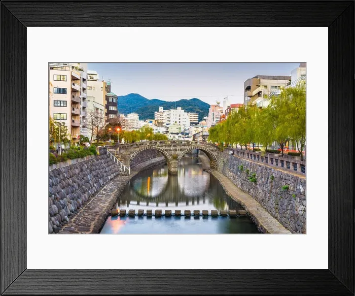 Framed Print : Nagasaki, Japan cityscape with Megane Spectacles Bridge at dusk