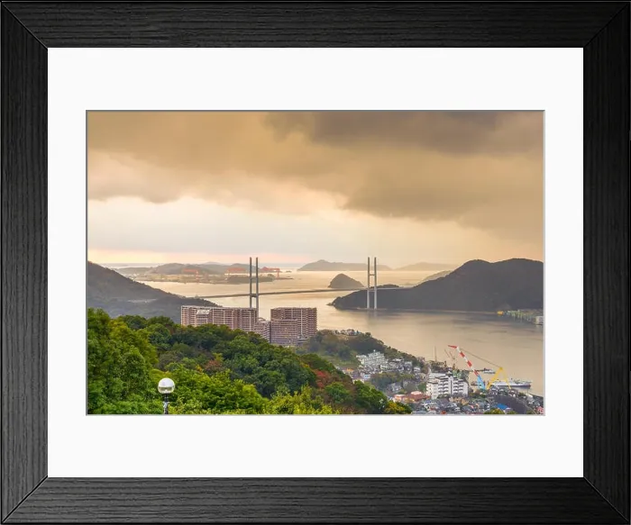 Framed Print : Megami Bridge spans the Bay of Nagasaki, Japan at dusk Framed Print : Megami Bridge spans the Bay of Nagasaki, Japan at dusk