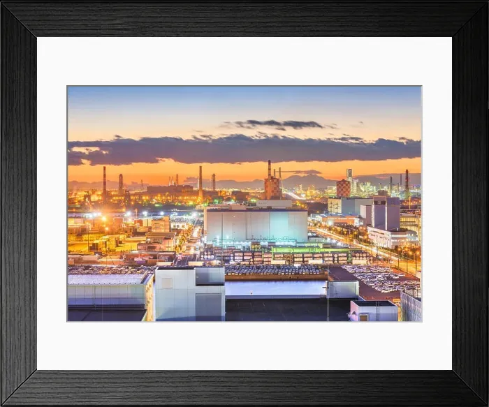Framed Print : Kawasaki, Japan overview of factores at dusk Framed Print : Kawasaki, Japan overview of factores at dusk