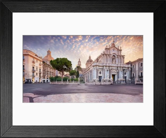 Framed Print : Catania, Sicily, Italy. Cityscape image of Duomo Square in Catania, Sicily with Cathedral of Saint Agatha at sunrise Framed Print : Catania, Sicily, Italy. Cityscape image of Duomo Square in Catania, Sicily with Cathedral of Saint Agatha at sunrise