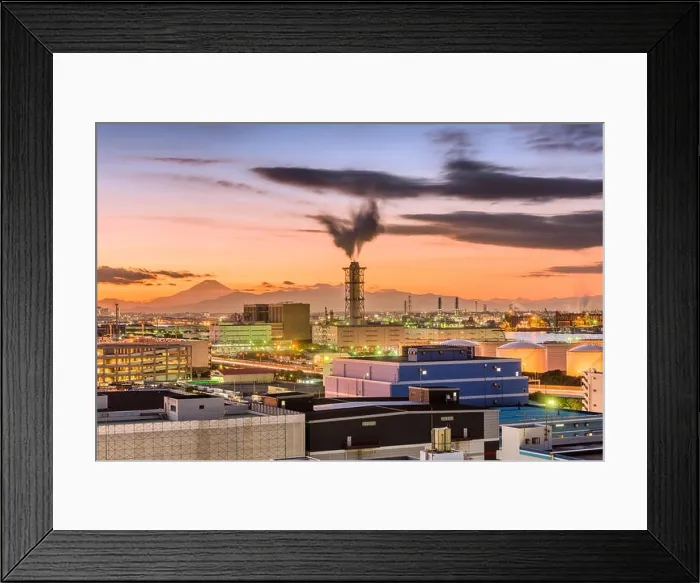 Framed Print : Kawasaki, Japan factories and Mt. Fuji at dusk Framed Print : Kawasaki, Japan factories and Mt. Fuji at dusk
