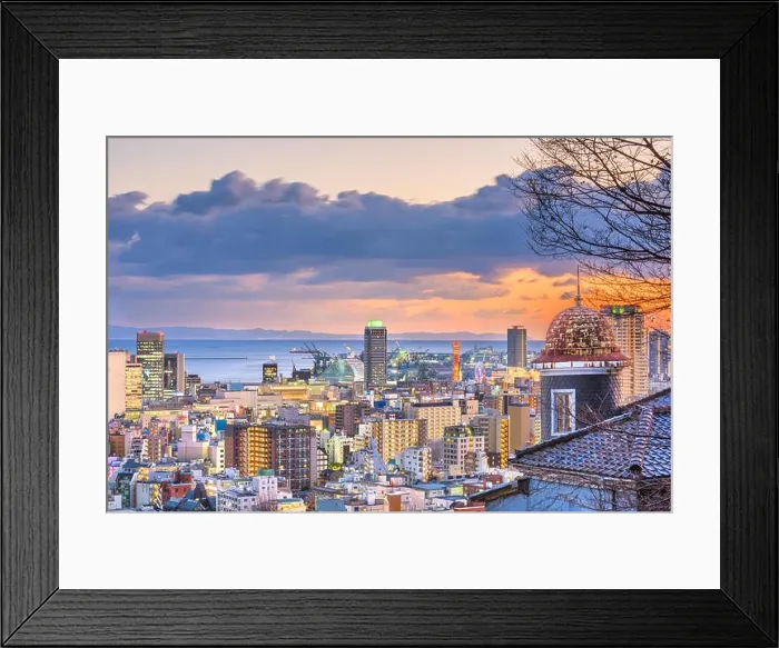 Framed Print : Kobe, Hyogo, Japan cityscape from historic Kitano district at dusk Framed Print : Kobe, Hyogo, Japan cityscape from historic Kitano district at dusk