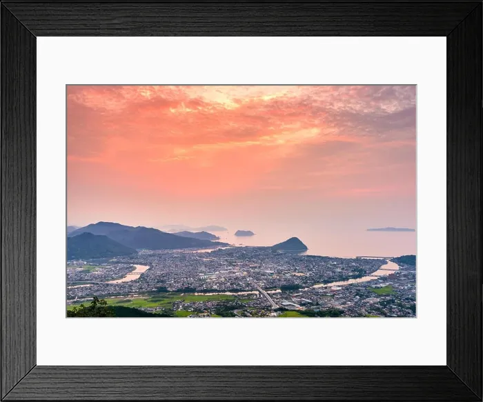 Framed Print : Hagi, Yamaguchi, Japan town skyline at dusk on the Sea of Japan from above Framed Print : Hagi, Yamaguchi, Japan town skyline at dusk on the Sea of Japan from above