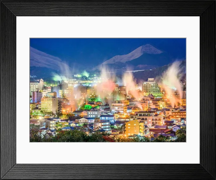 Framed Print : Beppu, Japan cityscape with hot spring bath houses at night Framed Print : Beppu, Japan cityscape with hot spring bath houses at night