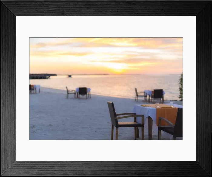 Framed Print : Sunset beach scene tropical restaurant Framed Print : Sunset beach scene tropical restaurant