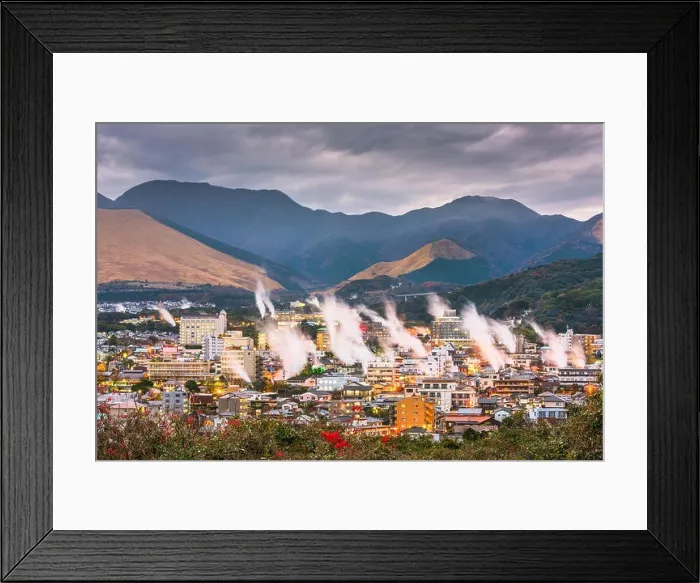 Framed Print : Beppu, Japan cityscape with hot spring bath houses at night Framed Print : Beppu, Japan cityscape with hot spring bath houses at night