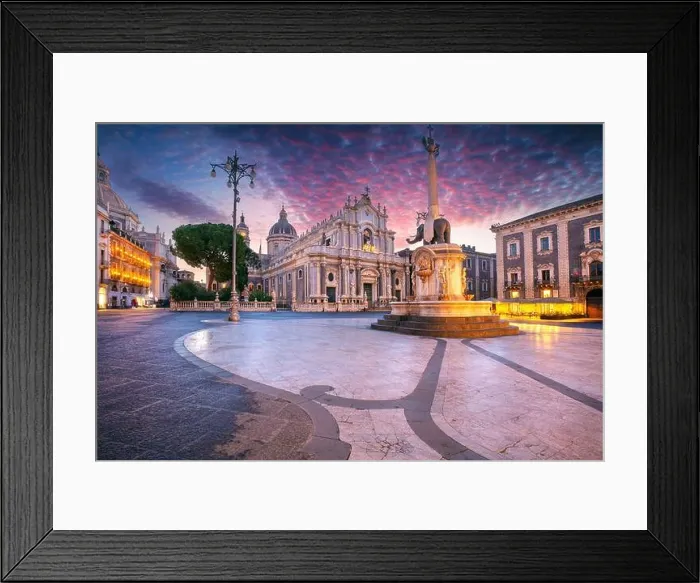 Framed Print : Catania, Sicily, Italy. Cityscape image of Duomo Square in Catania, Sicily with Cathedral of Saint Agatha at sunrise Framed Print : Catania, Sicily, Italy. Cityscape image of Duomo Square in Catania, Sicily with Cathedral of Saint Agatha at sunrise
