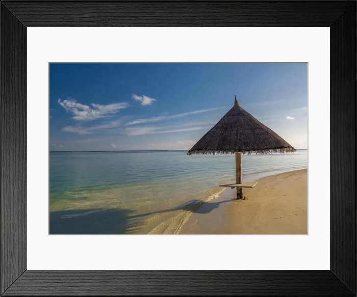 Framed Print : Beautiful tropical Maldives island with beach, sea coconut palm tree on blue sky for nature holiday vacation background concept. Perfect summer beach