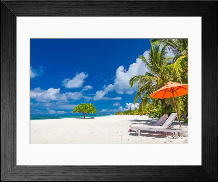 Framed Print : Amazing beach scenery with chairs and loungers close to sea. Perfect summer landscape, beach vibes. Luxury tropical destination, vacation background Framed Print : Amazing beach scenery with chairs and loungers close to sea. Perfect summer landscape, beach vibes. Luxury tropical destination, vacation background
