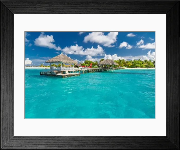 Framed Print : Exotic Paradise. Travel, tourism and vacations concept. Tropical resort and infinity blue sea, Maldives or French Polynesia. Amazing summer beach view Framed Print : Exotic Paradise. Travel, tourism and vacations concept. Tropical resort and infinity blue sea, Maldives or French Polynesia. Amazing summer beach view