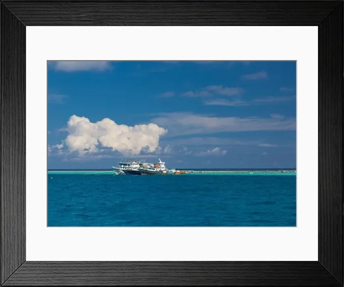 Framed Print : Fishing in the blue waters, tropical fishing boats over exotic lagoon and coral reef edge Framed Print : Fishing in the blue waters, tropical fishing boats over exotic lagoon and coral reef edge
