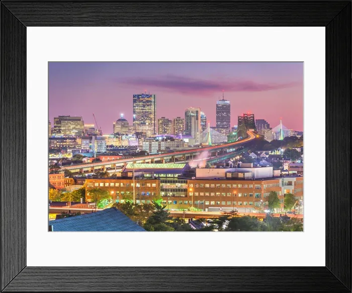 Framed Print : Boston, Massachusetts, USA skyline with bridges and highways at dusk