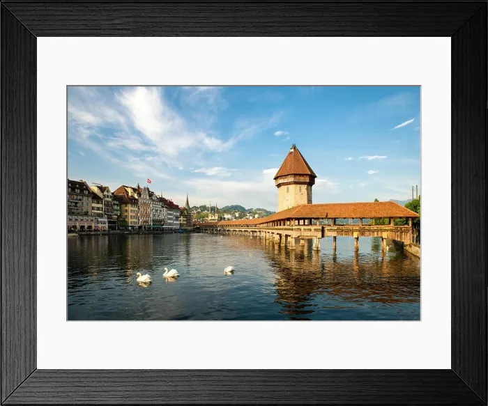 Framed Print : Historic city center of Lucerne with famous Chapel Bridge and lake Lucerne in Canton of Lucerne, Switzerland