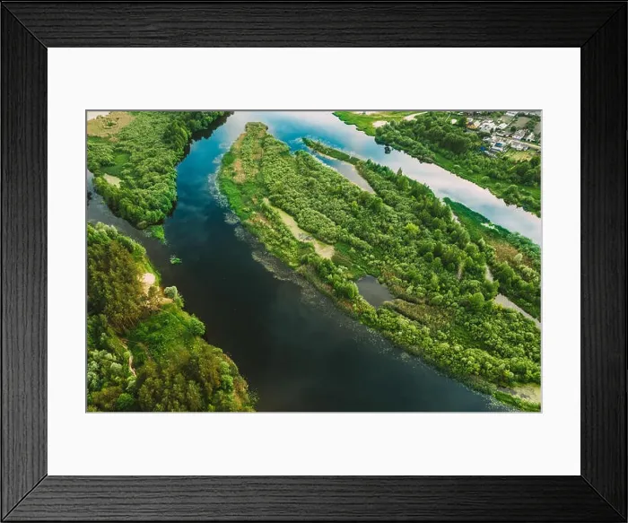 Framed Print : Belarus. Aerial View Of Green Forest, Small Islands And River Landscape. Top View Of European Nature From High Attitude In Summer. Bird's Eye View Framed Print : Belarus. Aerial View Of Green Forest, Small Islands And River Landscape. Top View Of European Nature From High Attitude In Summer. Bird's Eye View