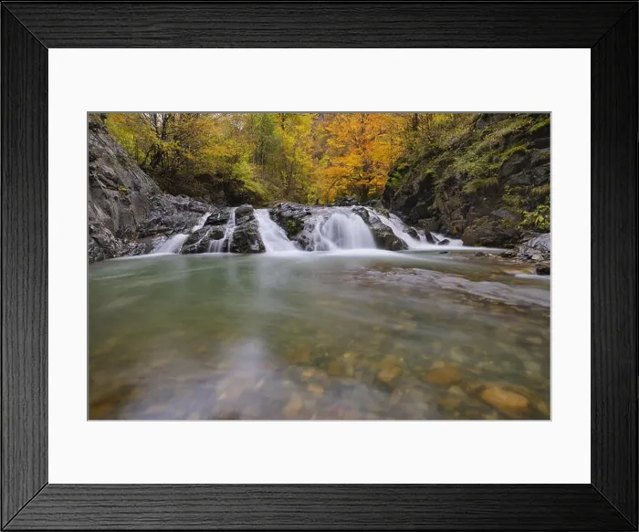Framed Print : Beautiful waterfall in forest, autumn landscape with lots of red and yellow fallen leaves, long exposure Framed Print : Beautiful waterfall in forest, autumn landscape with lots of red and yellow fallen leaves, long exposure