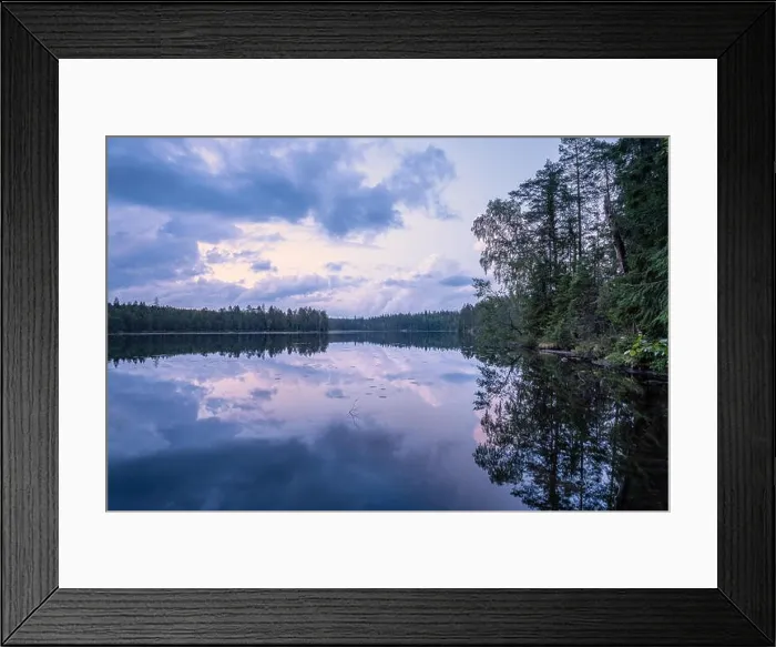 Framed Print : Scenic summer night landscape with mood light and beautiful reflections at lakeside in Finland Framed Print : Scenic summer night landscape with mood light and beautiful reflections at lakeside in Finland