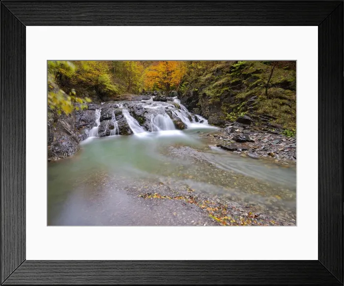 Framed Print : Beautiful waterfall in forest, autumn landscape with lots of red and yellow fallen leaves, long exposure Framed Print : Beautiful waterfall in forest, autumn landscape with lots of red and yellow fallen leaves, long exposure