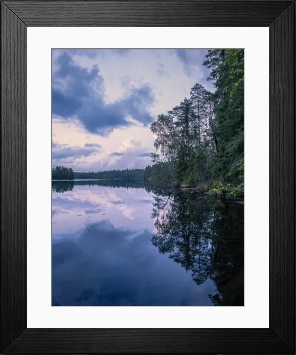 Framed Print : Scenic summer night landscape with mood light and beautiful reflections at lakeside in Finland Framed Print : Scenic summer night landscape with mood light and beautiful reflections at lakeside in Finland