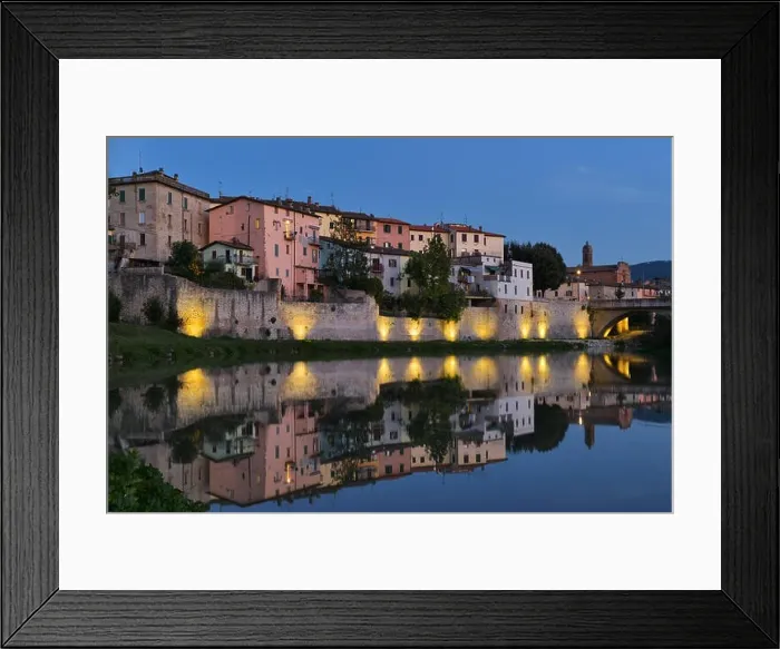 Framed Print : Old italian city reflection in Tevere river, Umbertide, Italy Framed Print : Old italian city reflection in Tevere river, Umbertide, Italy