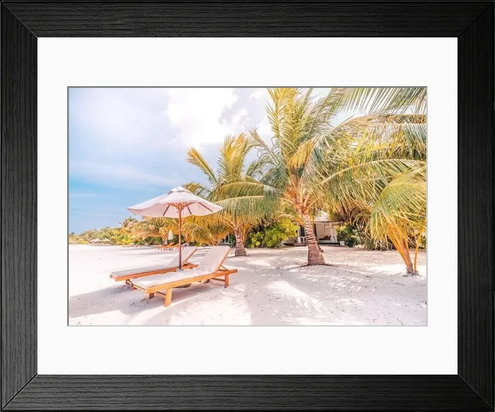 Framed Print : Beautiful tropical sunset scenery, two sun beds, loungers, umbrella under palm tree. Summer travel vacation beach landscape, exoitc couple destiation Framed Print : Beautiful tropical sunset scenery, two sun beds, loungers, umbrella under palm tree. Summer travel vacation beach landscape, exoitc couple destiation