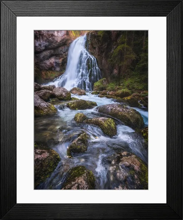Framed Print : Scenic waterfall landscape with green moos stones and flowing river at beautiful summer day in Gollinger, Austria Framed Print : Scenic waterfall landscape with green moos stones and flowing river at beautiful summer day in Gollinger, Austria