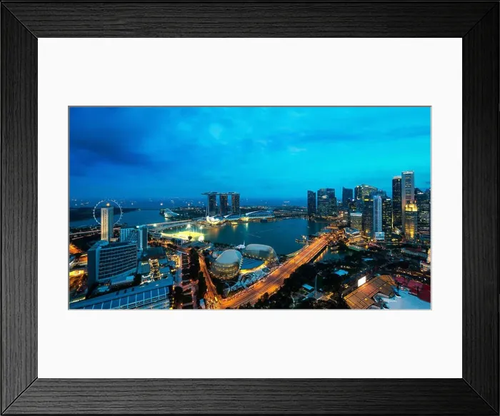 Framed Print : Aerial view of Singapore business district and city at night in Singapore, Asia Framed Print : Aerial view of Singapore business district and city at night in Singapore, Asia