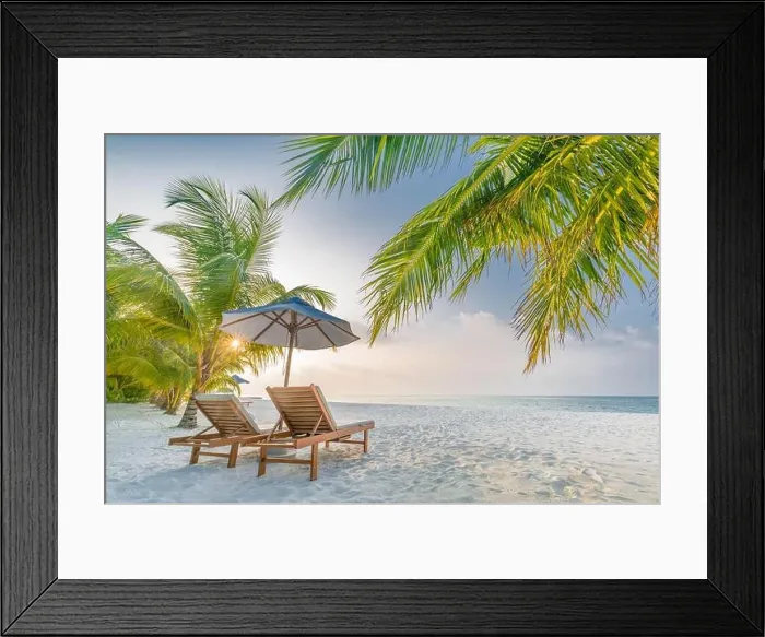 Framed Print : Beautiful tropical sunset scenery, two sun beds, loungers, umbrella under palm tree. Summer travel vacation beach landscape, exoitc couple destiation Framed Print : Beautiful tropical sunset scenery, two sun beds, loungers, umbrella under palm tree. Summer travel vacation beach landscape, exoitc couple destiation