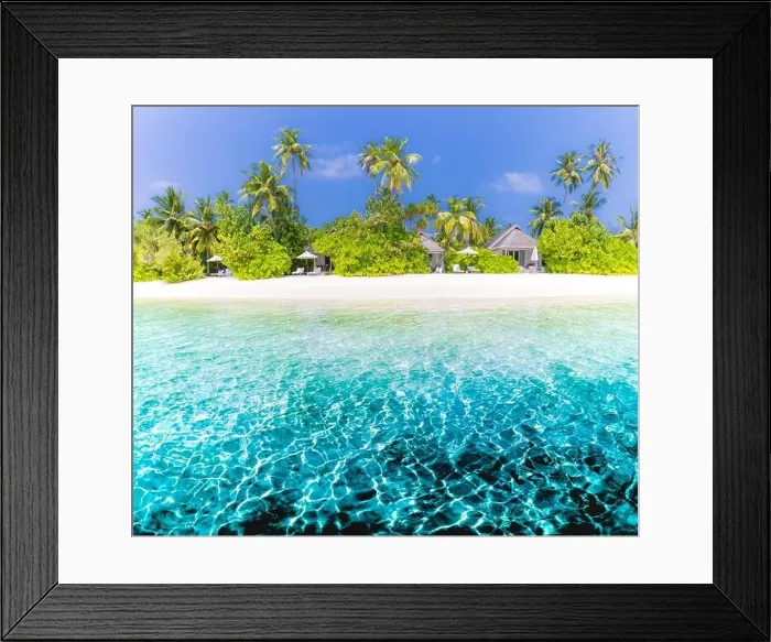 Framed Print : Amazing summer beach panorama. Exotic island coastline with palm trees and white sand close to amazing blue sea and lagoon. Tropical paradise beach Framed Print : Amazing summer beach panorama. Exotic island coastline with palm trees and white sand close to amazing blue sea and lagoon. Tropical paradise beach