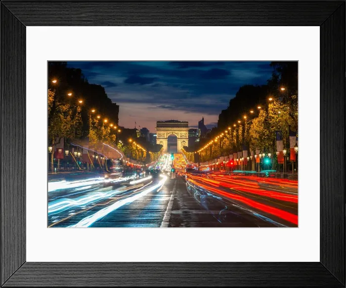 Framed Print : Night scence illuminations traffic street of the Impressive Arc de Triomphe Paris along the famous tree lined Avenue des Champs-Elysees in Paris, Fran Framed Print : Night scence illuminations traffic street of the Impressive Arc de Triomphe Paris along the famous tree lined Avenue des Champs-Elysees in Paris, Fran