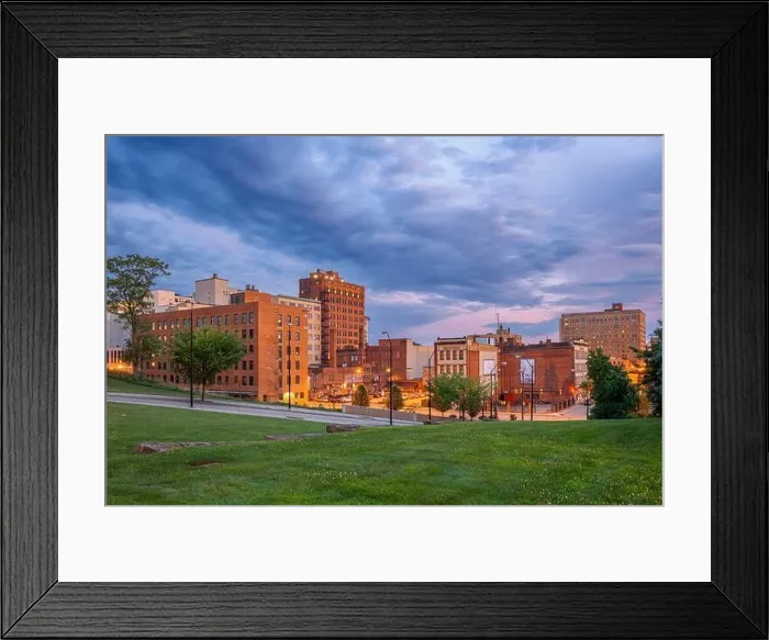 Framed Print : Youngstown, Ohio, USA downtown park and townscape at twilight