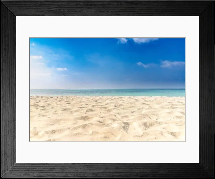 Framed Print : Summer beach background. Sand and sea and sky. Empty tropical beach background. Horizon with sky and white sand Framed Print : Summer beach background. Sand and sea and sky. Empty tropical beach background. Horizon with sky and white sand