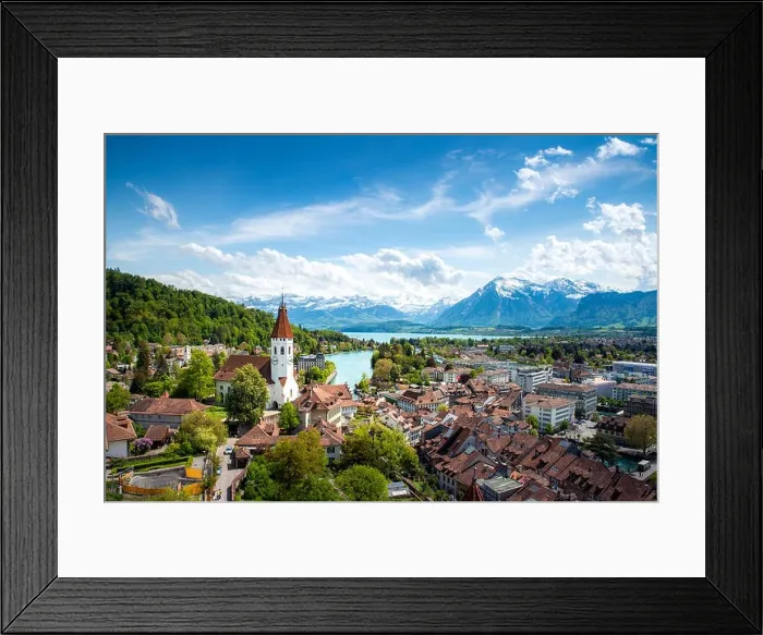Framed Print : Panorama of Thun city in the canton of Bern with Alps and Thunersee lake, Switzerland Framed Print : Panorama of Thun city in the canton of Bern with Alps and Thunersee lake, Switzerland