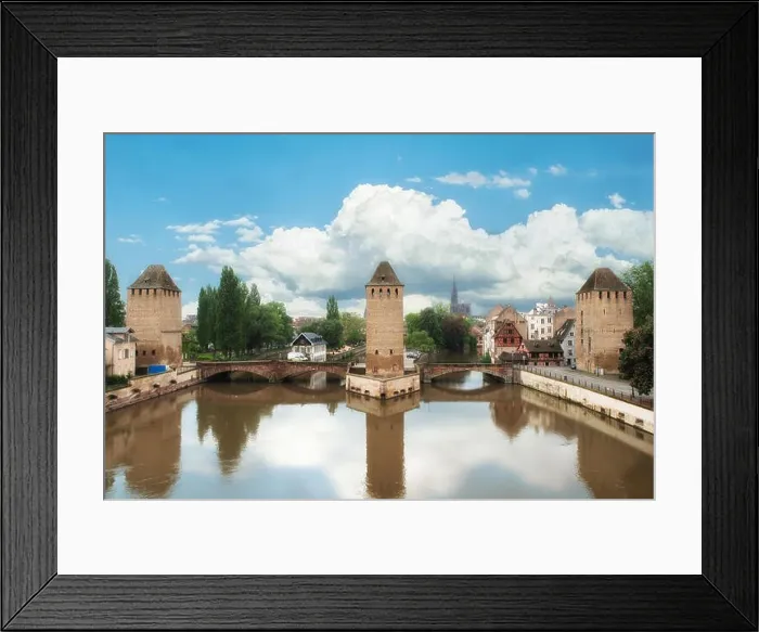 Framed Print : Strasbourg medieval bridge Ponts Couverts and cathedral, view from Barrage Vauban in Strasbourg, Alsace, France Framed Print : Strasbourg medieval bridge Ponts Couverts and cathedral, view from Barrage Vauban in Strasbourg, Alsace, France