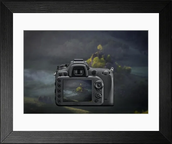 Framed Print : DSLR reflex camera photographing with on screen live image of mountain landscape at sunrise with fog Morning sunshine with fog o Framed Print : DSLR reflex camera photographing with on screen live image of mountain landscape at sunrise with fog Morning sunshine with fog o